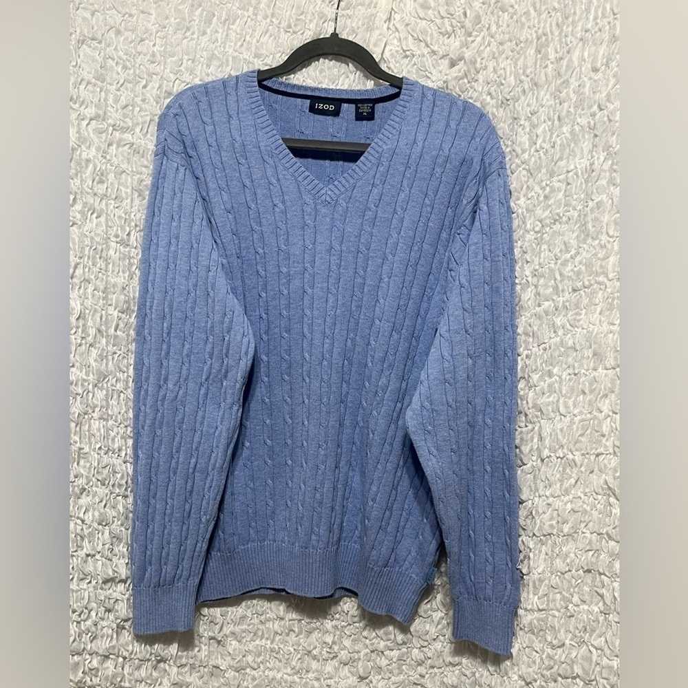 IZOD MENS CABLE KNIT VNECK BABY BLUE VINTAGE SWEATER SIZE XL - Picture 4 of 7